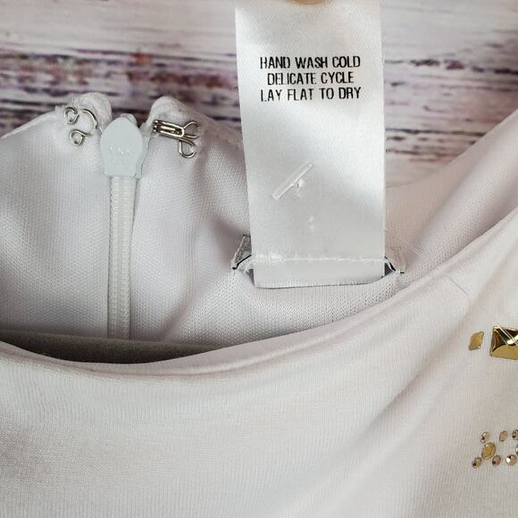 Cache White Ruched Shapely Mini Dress Size 12 Gold Geometric Studs Drape Fit NWT - Picture 10 of 14